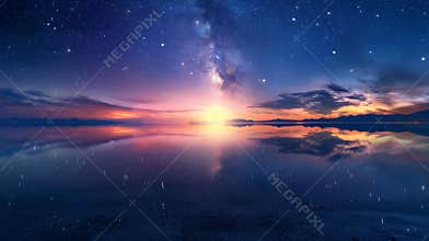 Summer solstice night in Finland reveals a starry sky adorned with noctilucent clouds and misty fog as the Saimaa lake