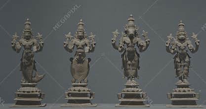 Row Of Old Ancient Bronze Figurines Of Indian Deities And Avatars. 10-19th Century Ce. Ungraded C LOG 2 Matsya Avatara