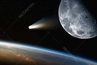 Earth, moon, comet in space