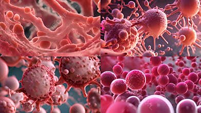 Diverse collection of microscopic images showcasing cells, bacteria, and viruses, highlighting microbiological science