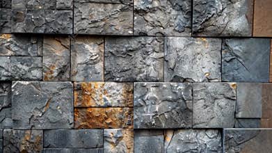 Close up of textured stone wall showing unique patterns and colors in natural light