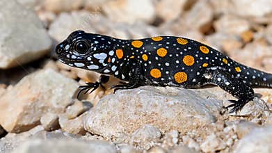 Colorful spotted lizard exploring rocky terrain in vibrant natural habitat