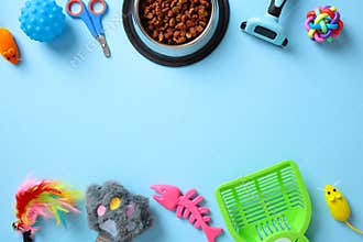 Frame borders of pet supplies on blue background. Banner design for pet care articles or online pet stores