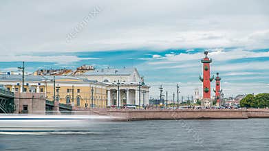 Strelka - Spit of Vasilyevsky Island with the Old Stock Exchange and Rostral Columns timelapse in Saint Petersburg