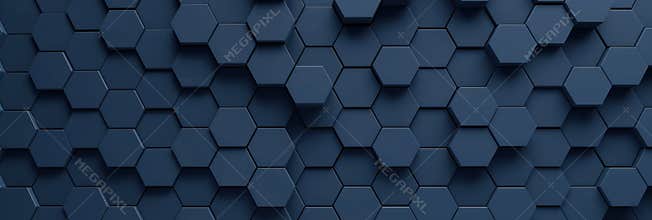 Dark blue hexagonal background texture features a radial center space, creating a three-dimensional abstract design. Geometric