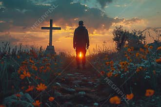 Catholic man praying reverently near crucifix on hill, bowing in devotion before god