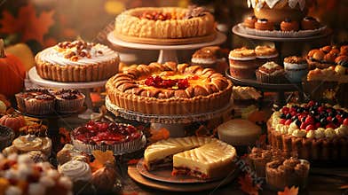 Canadian Thanksgiving dessert table, showcasing an array of pies, cakes, and sweets with fall themed
