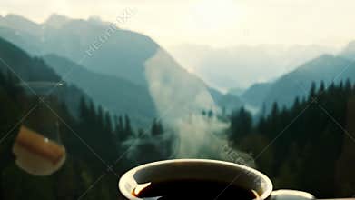 A cup of coffee by the window of a country house. Mountains and forest, peace and solitude.