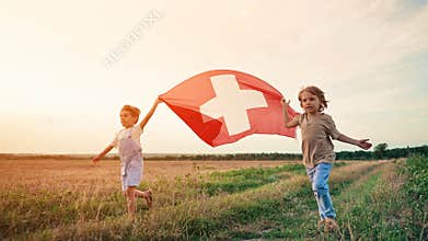 Swiss Little Kids Patriot Children Runs With National Flag On Nature Background