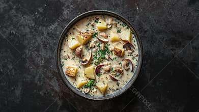 Delicious Creamy Clam Chowder Soup with Potatoes and Herbs