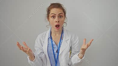 Stunned caucasian woman in doctor\'s coat; shocked expression, mouth agape with amazement on isolated white backdrop