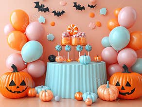 Podium background Halloween party product display 3D candy stand balloons. Halloween podium with festive decorations