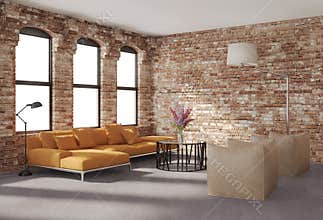 Contemporary stylish loft interior, brick walls, orange sofa