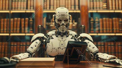 Robot assistant in a library reviewing books during the day
