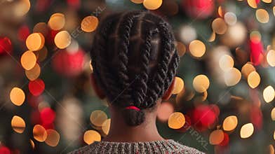 Child with braided hair gazing at a decorated Christmas tree with colorful lights in the evening
