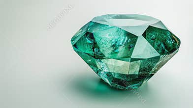 Large faceted emerald gemstone on a light background showcasing natural inclusions