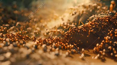 A close-up shot of a bustling colony of ants diligently constructing a tunnel in a forest setting A colony of industrious ants