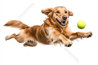 Isolated on transparent background, golden retriever dog jumping happily with a ball in his mouth