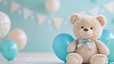 Cute teddy bear with blue balloons at a baby shower celebration