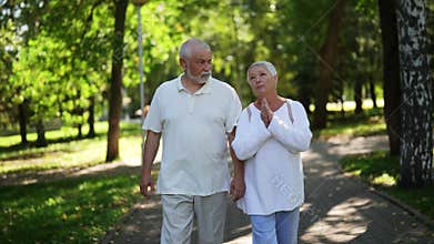 Portrait of cheerful elderly couple strolling in lush park, talking and smiling, embodying love and happiness in