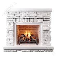 White-Brick Fireplace with Lit Fire, Isolated on Transparent PNG