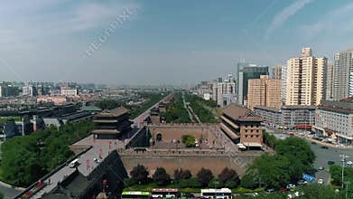 Aerial drone view of ancient city wall in Xian. Xian in China panorama from drone. Fortifications of Xian City Wall. Xian old town