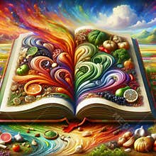 A surreal illustration of an open book with colorful food and ingredients erupting from its pages.