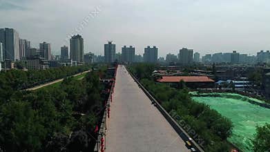 Aerial drone view of ancient city wall in Xian. Xian in China panorama from drone. Fortifications of Xian City Wall. Xian old town