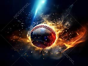 Baseball ball close up banner on fire background. Template for bookmaker ads with copy space. Mockup for betting