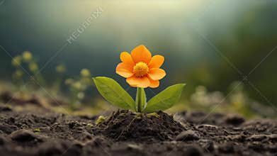 Orange flower is growing from a pile of dirt