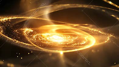 Golden galaxy is swirling, creating a vortex of light and energy, with particles flowing and glittering, resembling a