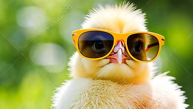 Close-up portrait of a small yellow chick wearing bright yellow sunglasses against a blurred green natural background