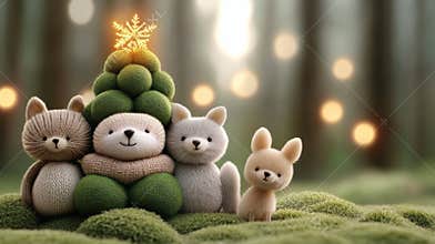 Adorable knitted animals gather around a plush Christmas tree in a forest setting, AI