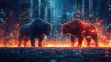 An abstract digital illustration featuring a glowing bear and bu