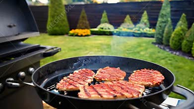 A chef prepares grilled meats on a large BBQ grill. beef meat. Generative AI