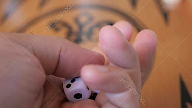 A player is preparing a dice for the roll while playing a backgammon game