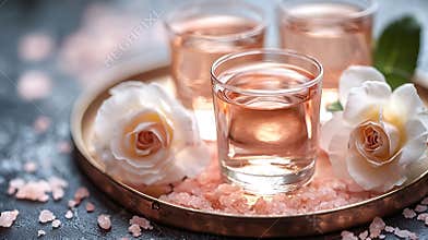 Generative AI Rose flavor liqueur in shot glasses on pink salt in a cooper tray with a white rose flower business