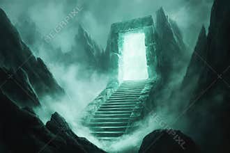 Mystical ancient stone gateway in misty mountain landscape