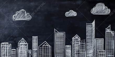 Chalk drawn urban cityscape on blackboard background with clouds for creative design