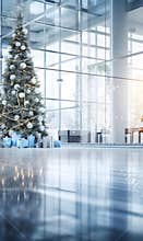 Modern open plan office interior with a Christmas tree in a dreamy winter setting
