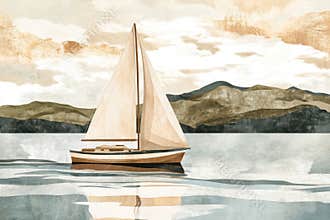Serene sailboat journey on a tranquil lake under cloudy skies with mountain backdrop