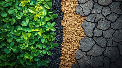 Contrast of lush green plants and dry cracked earth in nature illustration