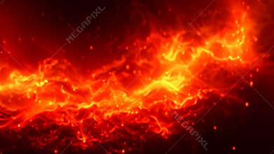 A digital painting depicting a fiery inferno consuming a desolate, rocky landscape with dark, swirling clouds, The crackle and