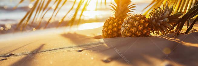 Tropical beach scene with pineapples under a sunset sky near the ocean