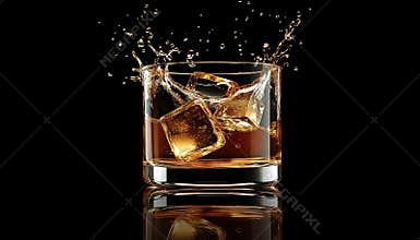 A glass of whiskey splashes with ice against a black background at night