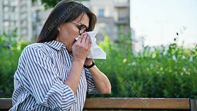 Mature woman sneezing coughing into napkin, wiping nose, sitting on bench, outdoor