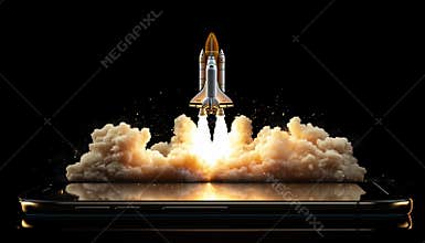 Rocket Launch Smartphone: Innovative Concept For Start Up, Marketing, And Promotion With Space Shuttle Lift Off On Dark