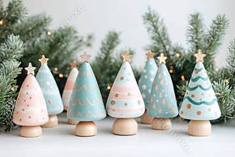 holiday craft project, a cute wooden diy christmas tree clipart with doodle ornaments in pastel colors baby blue, blush