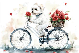 cute clipart of a white dog with a red rose riding a bike, perfect for valentines day, with doodle style on a white
