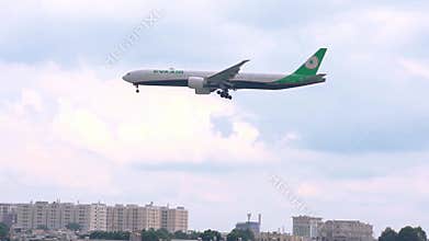 Passenger airplane bearing number B-16730 Boeing 777 of EVA Air landing